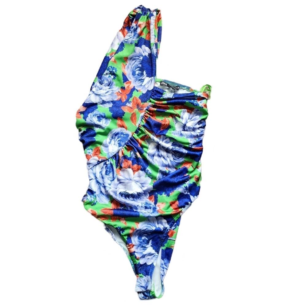 ZARA NWT Women's Small One‎ Shoulder Ruched Floral Bodysuit